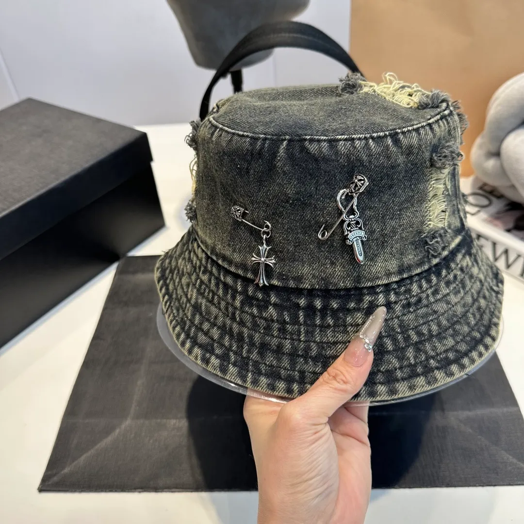 P60 Croxin spring and summer new denim fisherman hat, retro old street style, washed and torn edges, photo-taking item
